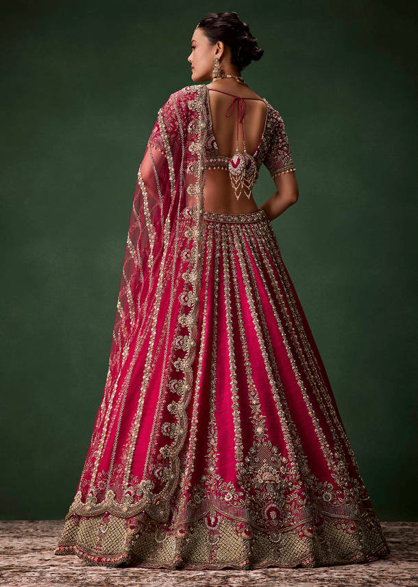 Pink Bridal Raw Silk Zardozi Lehenga Set with Two Dupattas