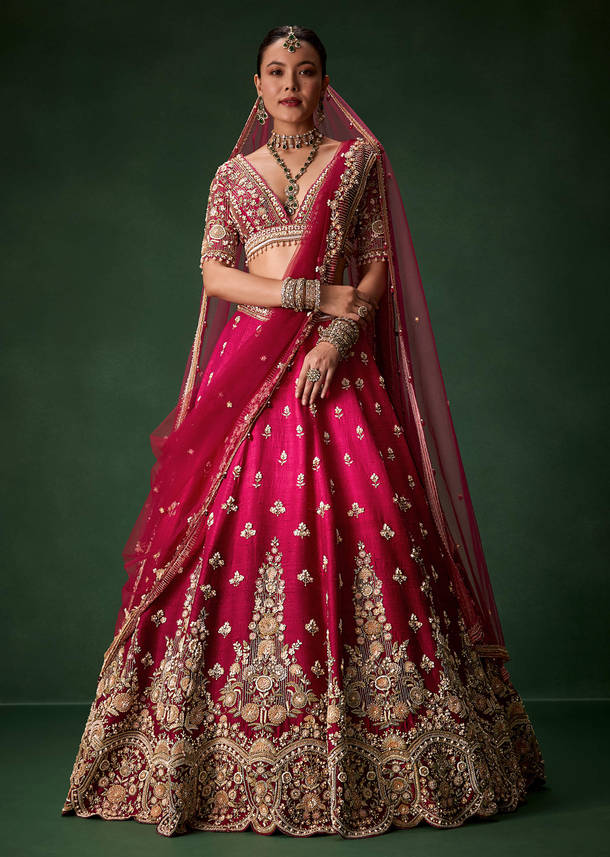 Pink Bridal Silk Lehenga Set with  Two Dupattas
