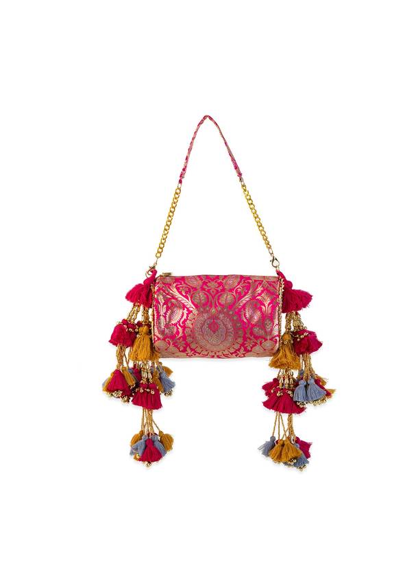 Pink Brocade Kundan Bag with Tassel