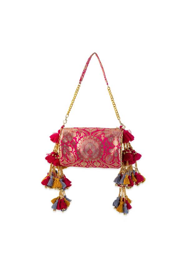 Pink Brocade Kundan Bag with Tassel