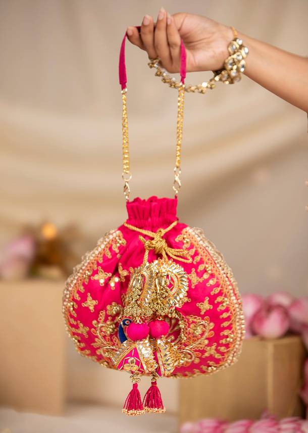 Pink Embroidered Motif Potli Bag