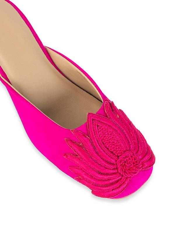 Pink Fuschia Satin Lotus Motif Heel Mules