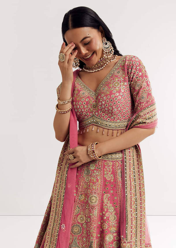 Pink Georgette Printed Cutdana Stonework Lehenga With Net Dupatta