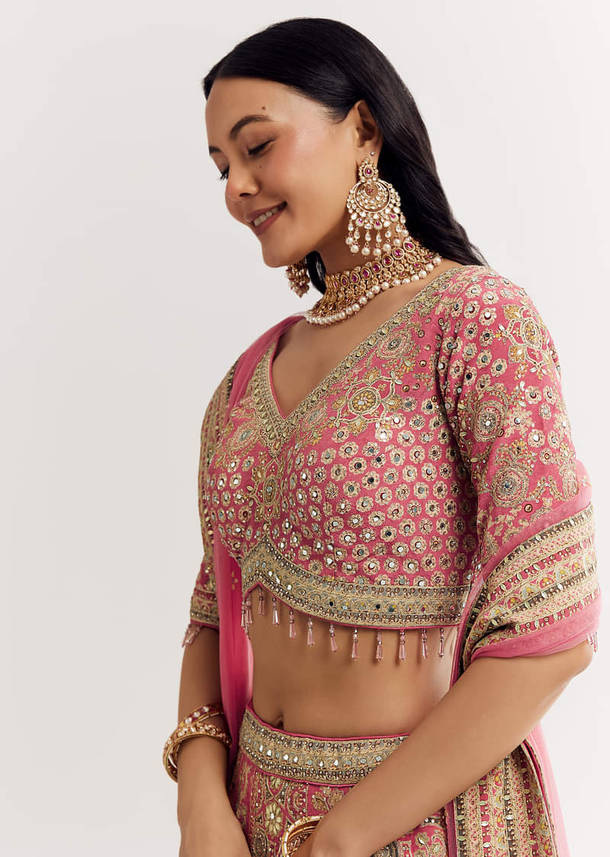 Pink Georgette Printed Cutdana Stonework Lehenga With Net Dupatta