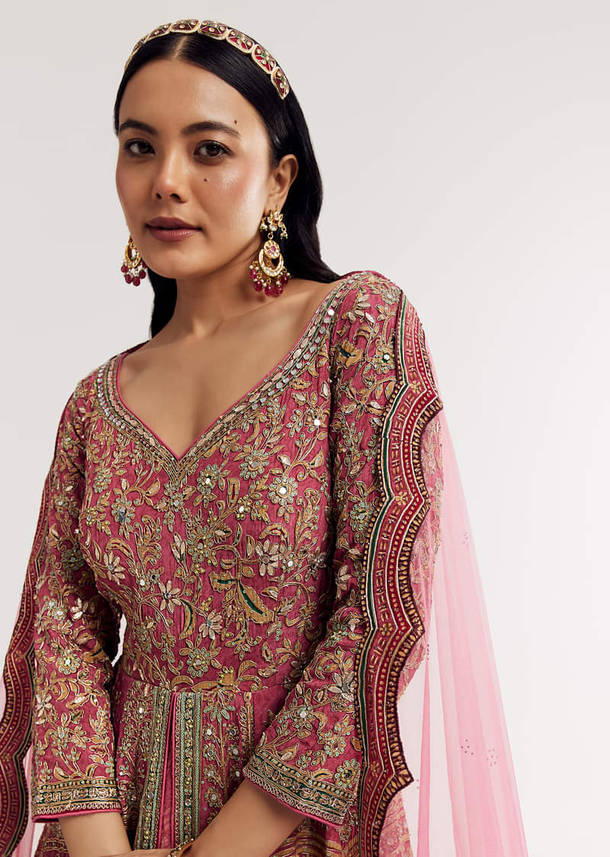 Pink Ombre Printed Anarkali Suit With Gotta And Mirror Work