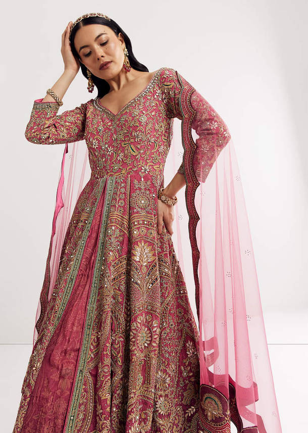 Pink Ombre Printed Anarkali Suit With Gotta And Mirror Work
