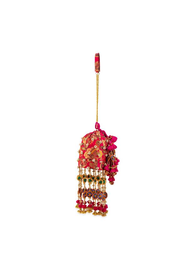 Pink Pearl Embellished Pom Pom Tassel Potli Bag