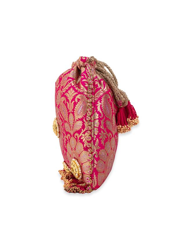Pink Silk Mirror Embellished Tassel Potli Bag