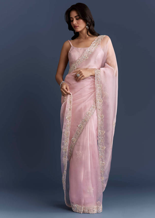 Pink Tissue Saree With Heavy Floral Hand Embroidery