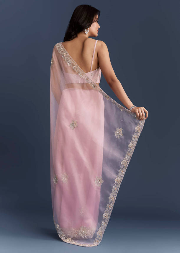 Pink Tissue Saree With Heavy Floral Hand Embroidery