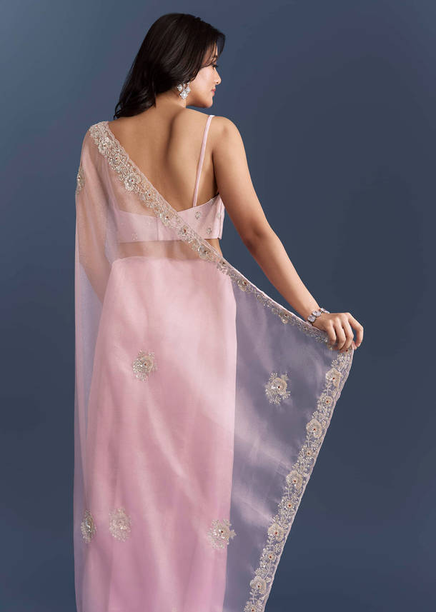 Pink Tissue Saree With Heavy Floral Hand Embroidery