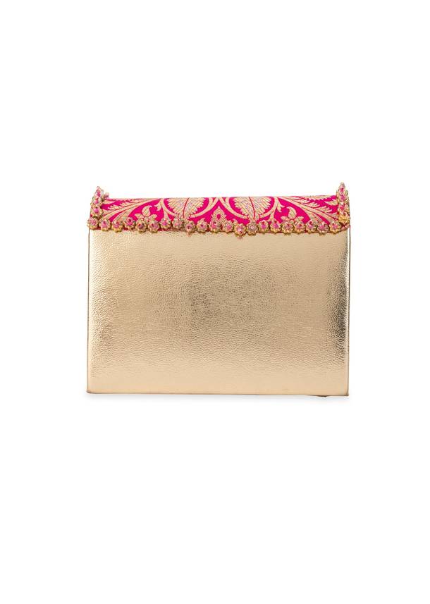 Pink Zari and Kundan Brocade Rectangular Flap Bag