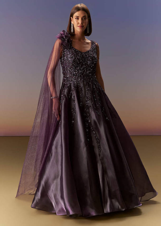 Purple Sleeveless Gown With Floral Shoulder Embroidery And Trail