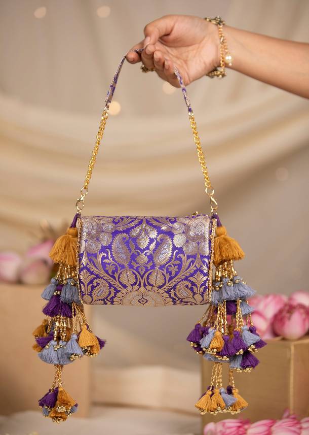 Purple Zari Embellished Brocade Kundan Bag with Tassel