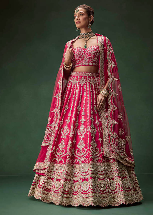 Rani Pink Bridal Lehenga With Embroidered Blouse And Heavily Worked Dupattas