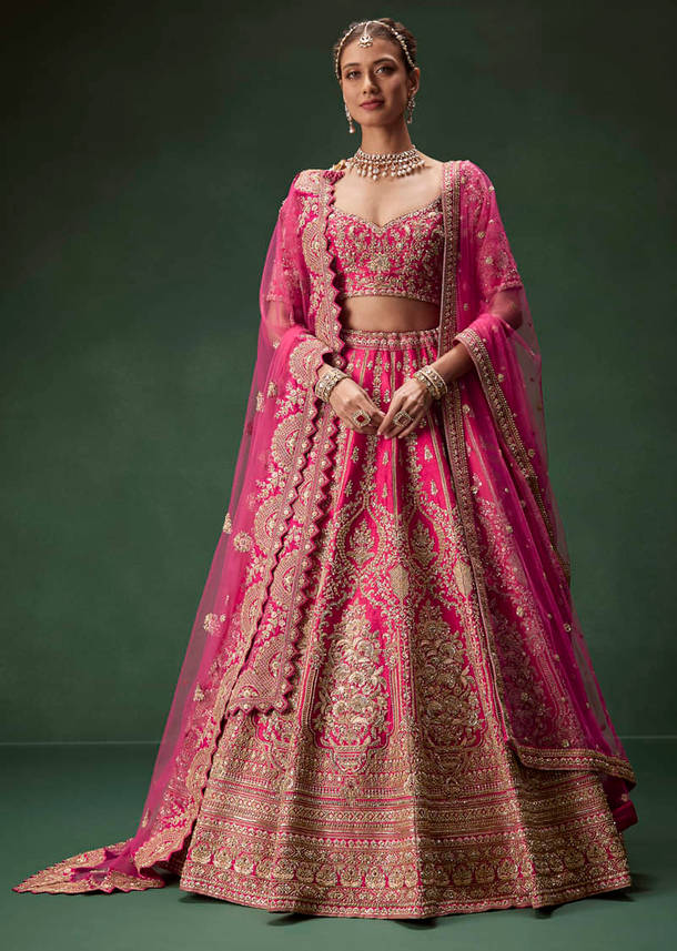 Rani Pink Bridal Lehenga With Gold Zari And Rich Embroidery