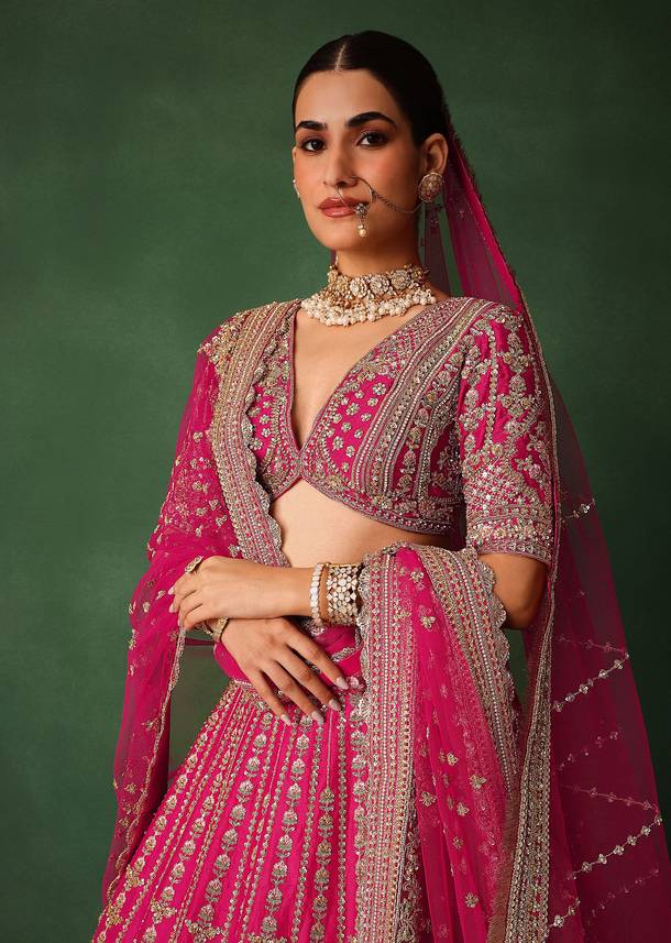 Rani Pink Hand Embroidered Lehenga With Blouse And Dupatta