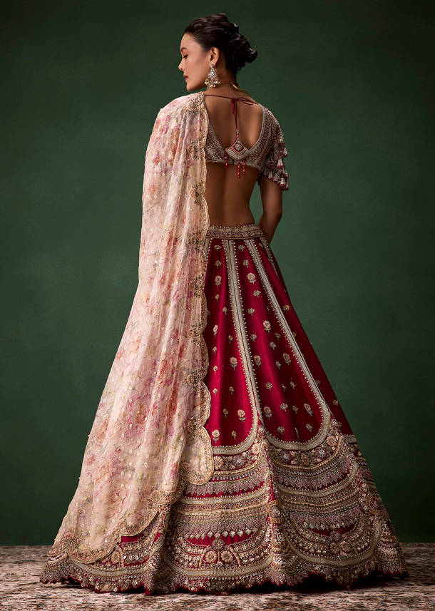 Red Bridal Raw Silk Patchwork Lehenga Set with Two Dupattas