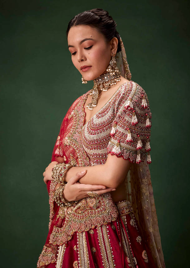 Red Bridal Raw Silk Patchwork Lehenga Set with Two Dupattas