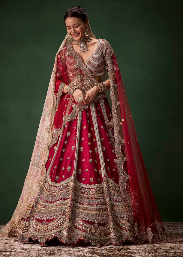 Red Bridal Raw Silk Patchwork Lehenga Set with Two Dupattas