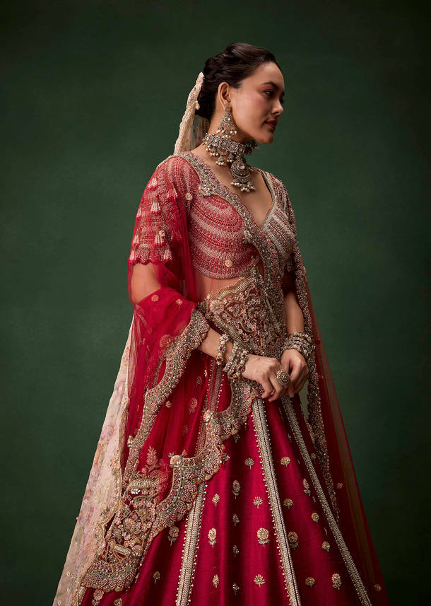 Red Bridal Raw Silk Patchwork Lehenga Set with Two Dupattas
