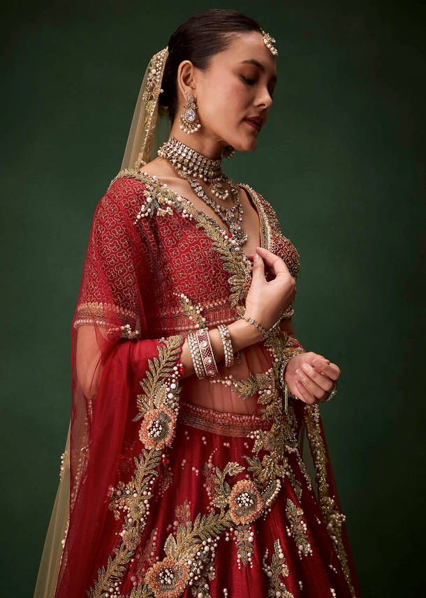 Red Bridal Sequin Silk Lehenga Set with  Two Dupattas