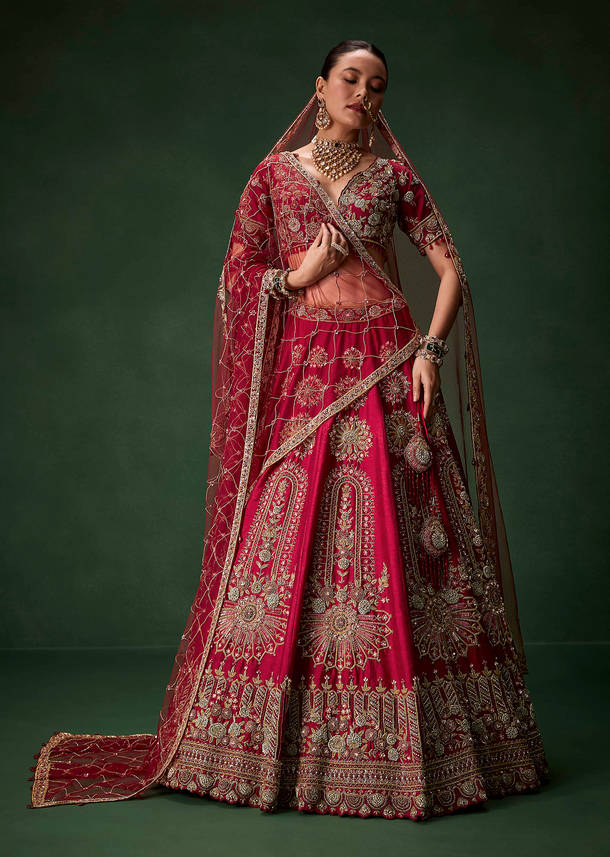 Red Bridal Silk Lehenga Set with Dupattas
