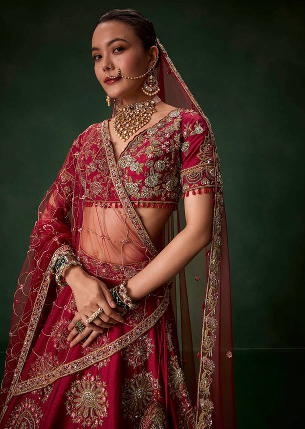 Red Bridal Silk Lehenga Set with Dupattas