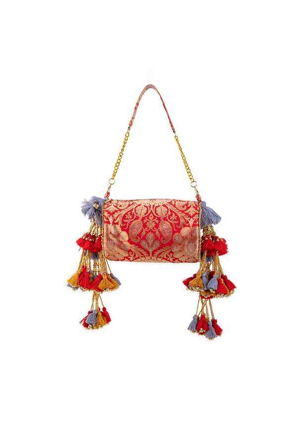 Red Brocade Floral Motif Bag with Tassel