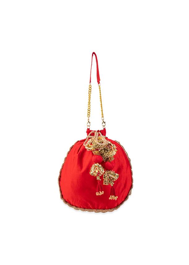 Red Embroidered Motif Potli Bag in Silk
