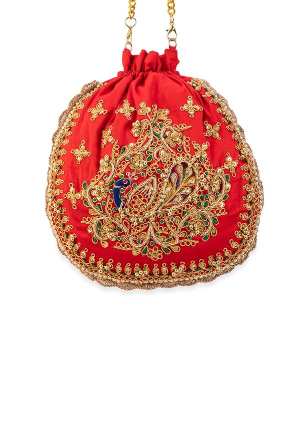 Red Embroidered Motif Potli Bag in Silk