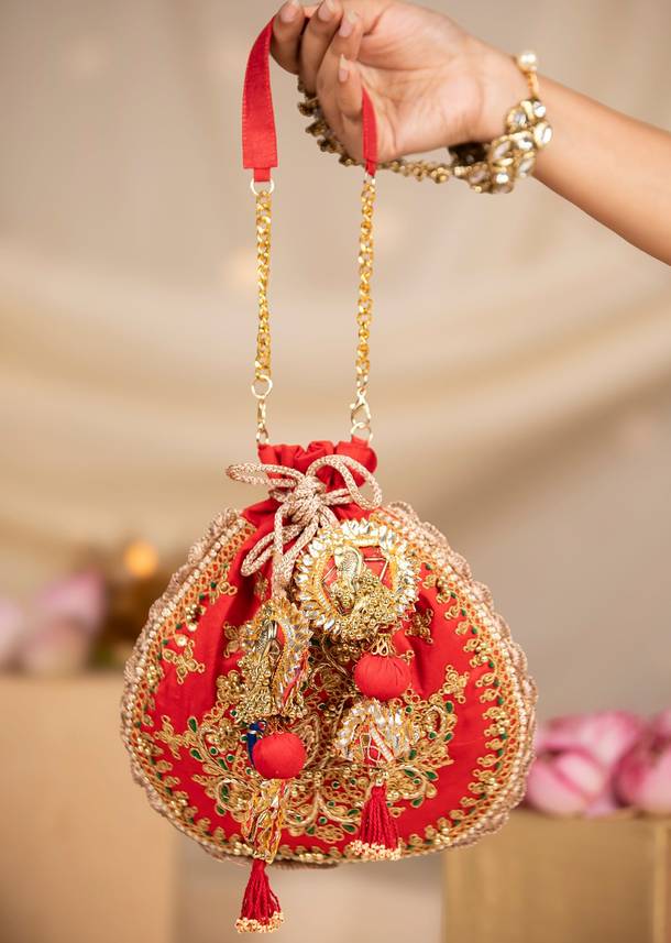 Red Embroidered Motif Potli Bag in Silk
