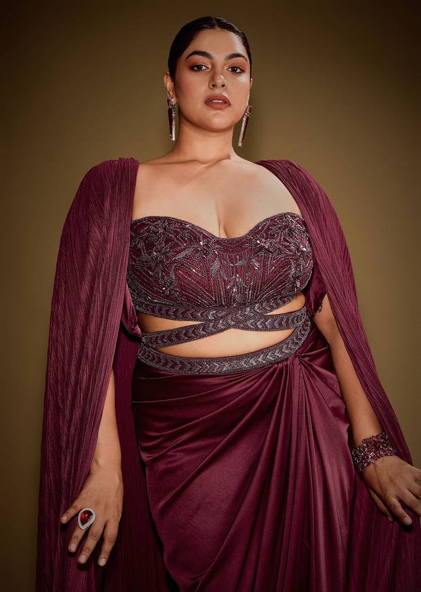 Red Hand Embroidered Blouse With Drape Skirt And Crushed Cape