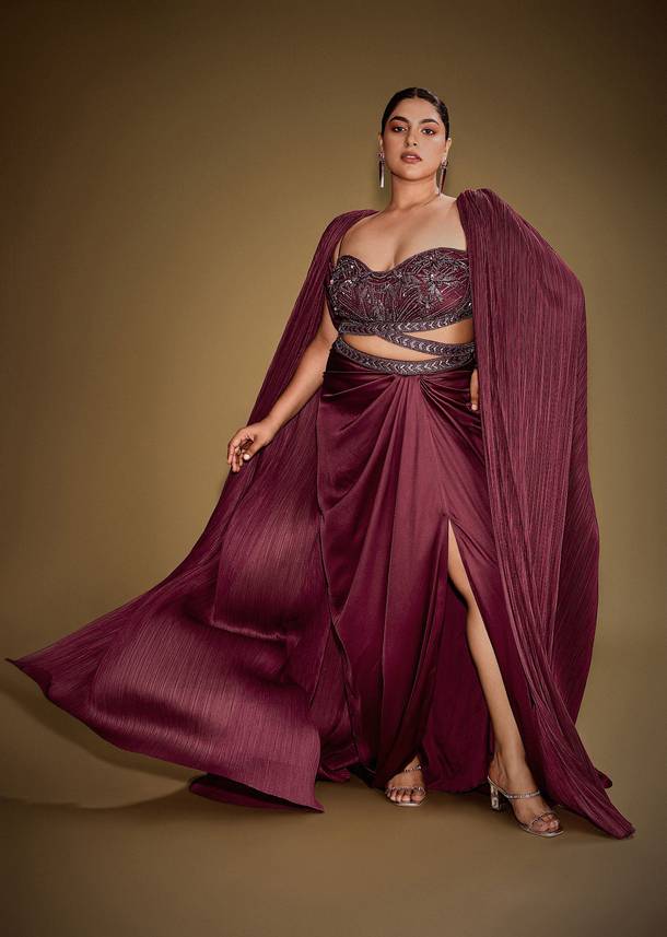 Red Hand Embroidered Blouse With Drape Skirt And Crushed Cape