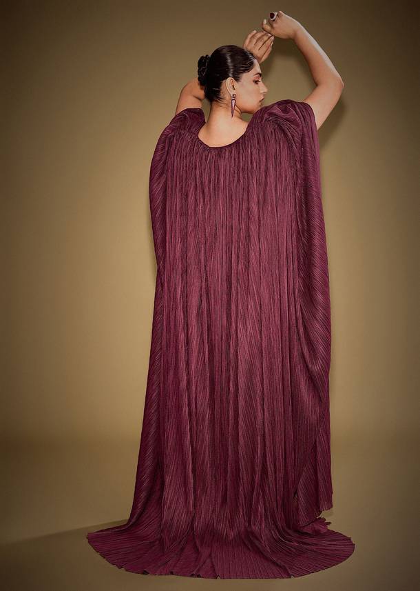 Red Hand Embroidered Blouse With Drape Skirt And Crushed Cape