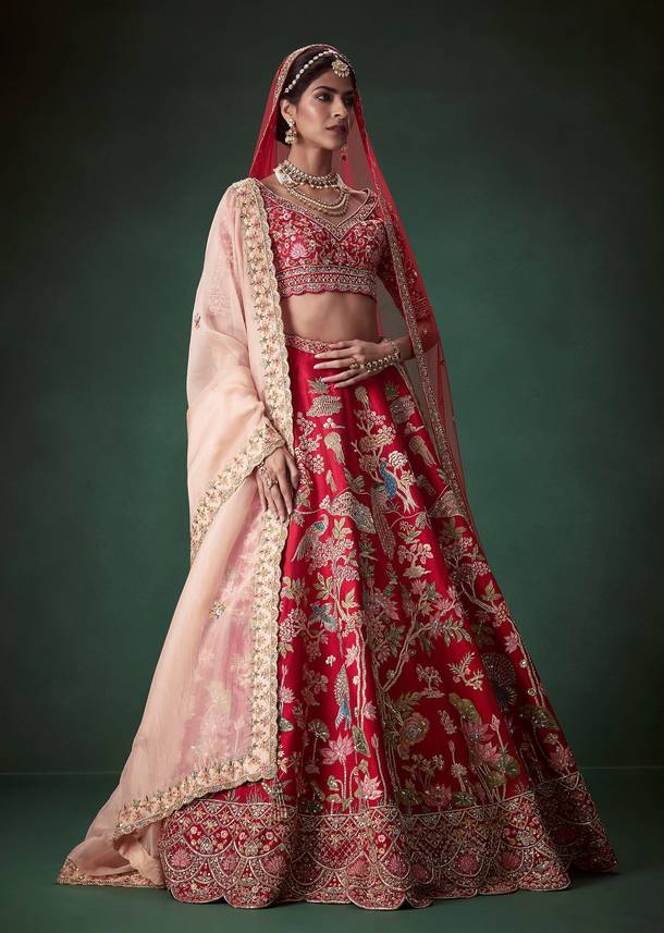Red Heavy Butti Embellished Bridal Lehenga Set