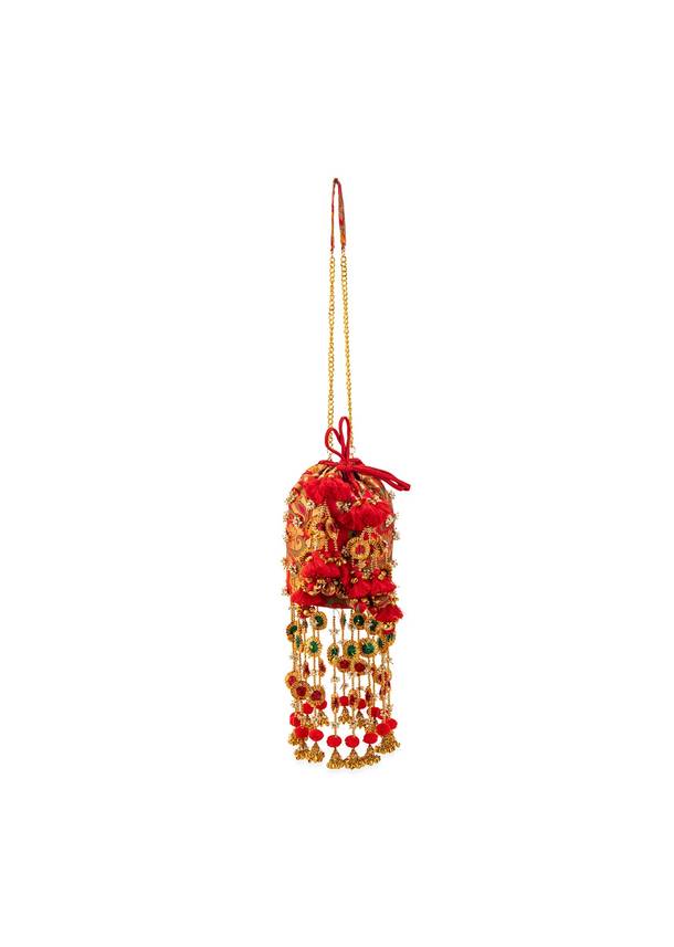 Red Pearl Embellished Layered Pom Pom Tassel Potli Bag