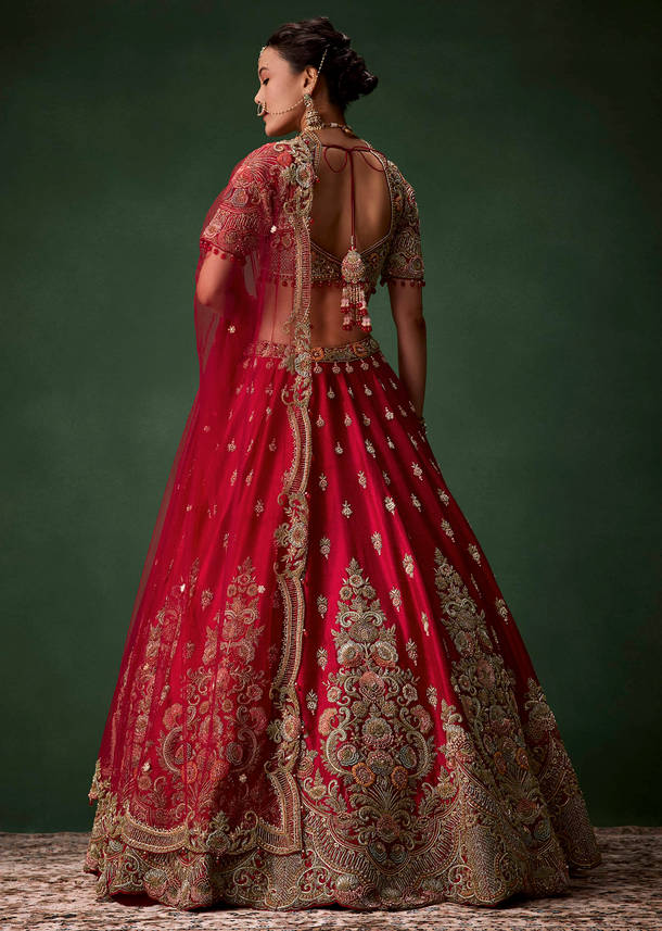 Red Raw Silk Bridal Lehenga Set with Two Dupattas