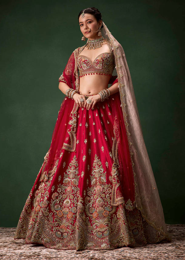 Red Raw Silk Bridal Lehenga Set with Two Dupattas