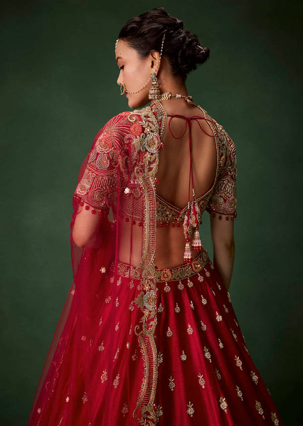 Red Raw Silk Bridal Lehenga Set with Two Dupattas