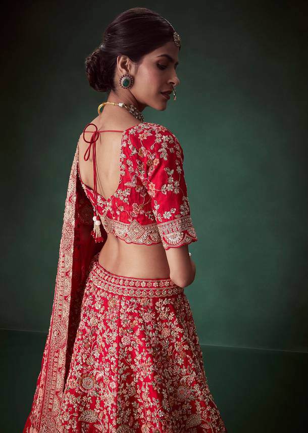 Red Sequin and Resham Embellished Bridal Lehenga Set in Silk