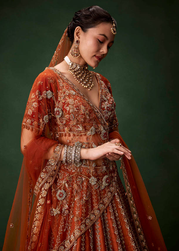 Rust Bridal Raw Silk Embellished Lehenga Set with Two Dupattas