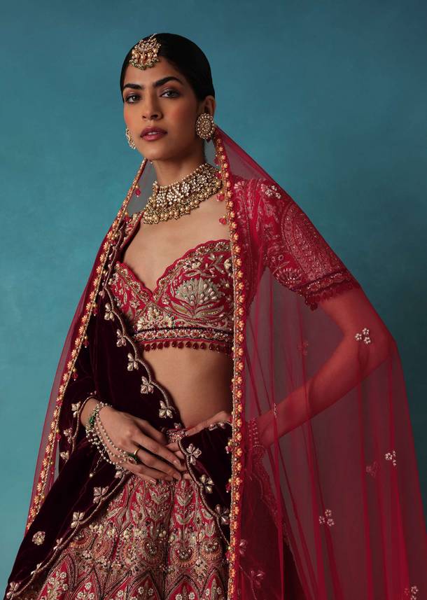 Brick Red Velvet Bridal Lehenga Set With Aari Work