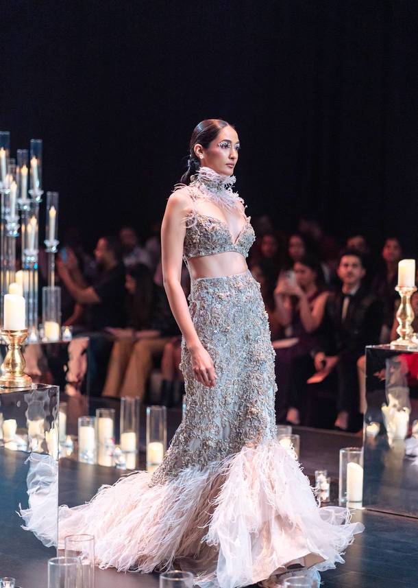 Tara Sutaria in Beige Lehenga With 3D Feathers And Choker Dupatta