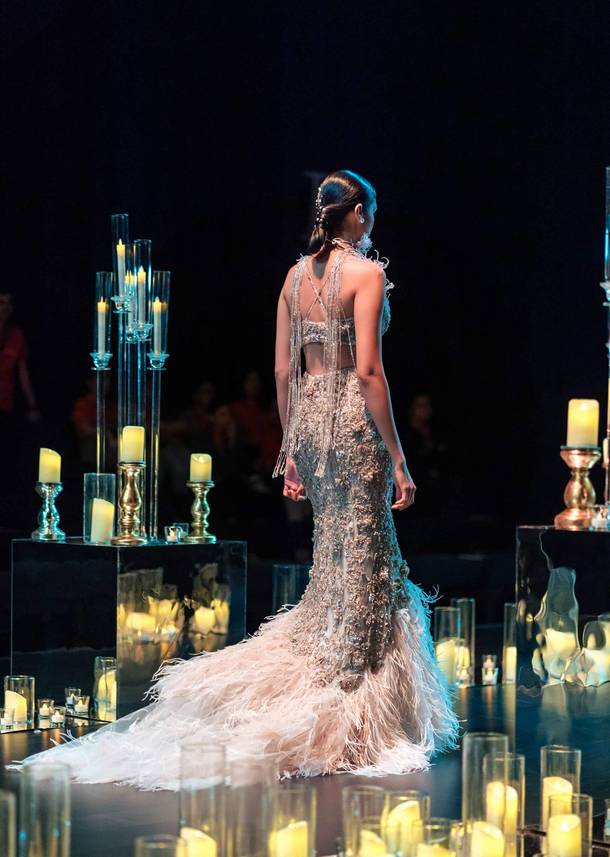 Tara Sutaria in Beige Lehenga With 3D Feathers And Choker Dupatta