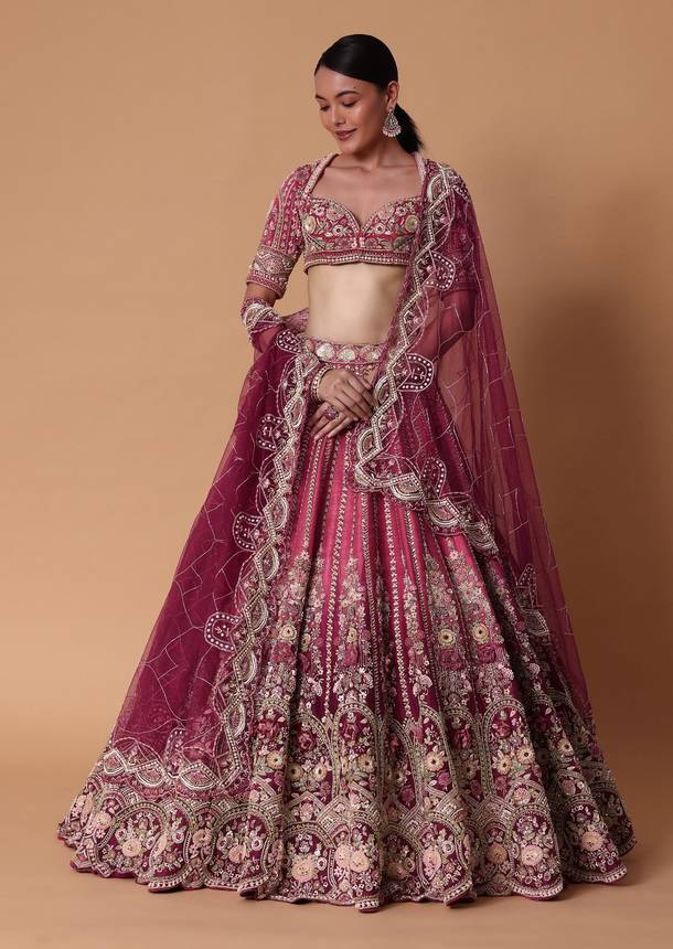 Red Velvet Silk 16 Kali Zardosi Lehenga With Crystal Blouse And Two Dupattas