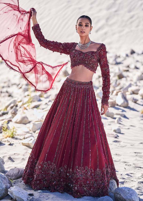 Red Organza Embroidered 12 Kali Lehenga And Blouse With Dupatta