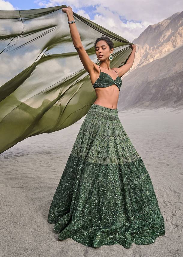 Emerald Green Heavy Crystal Cut Embroidered Lehenga With Cape