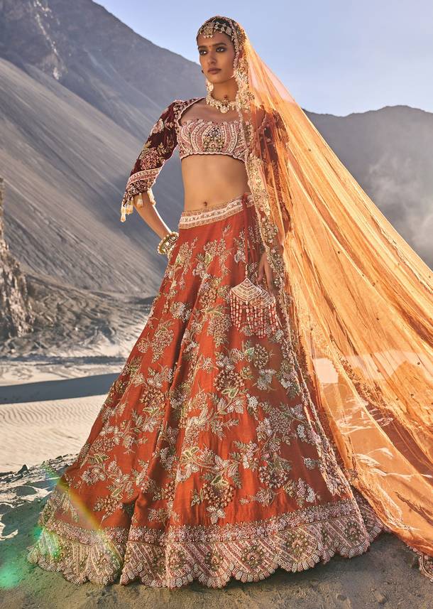 Rust Floral Embroidered Lehenga Set With Two Bordered Dupattas