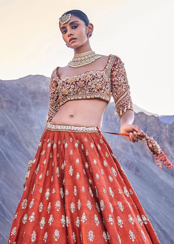 Orange Embroidered Silk Lehenga With Two Dupattas